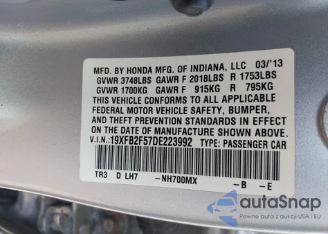2013 Honda Civic Lx z USA, uszkodzony, nr VIN 19XFB2F57DE223992